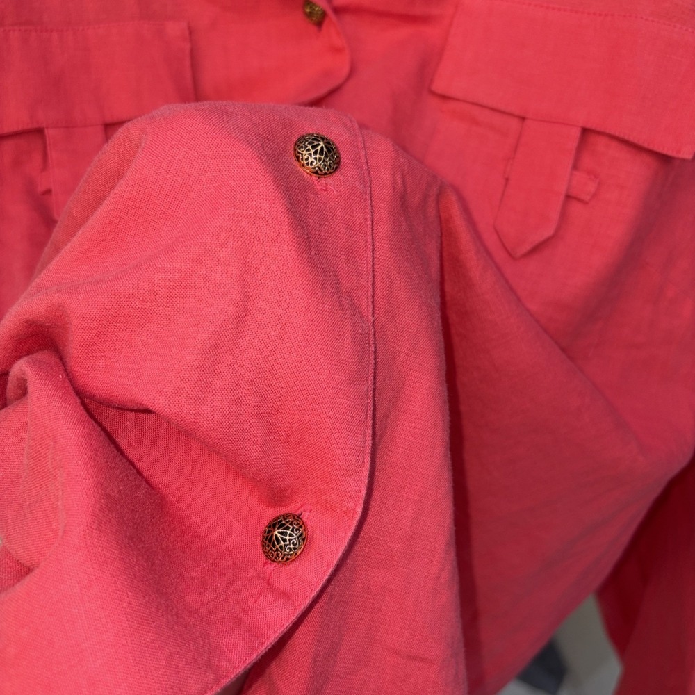 Linen Blend Coastal Coral Pink Button Down Women's Shirt Preppy Resort Wear 16 - Picture 3 of 6